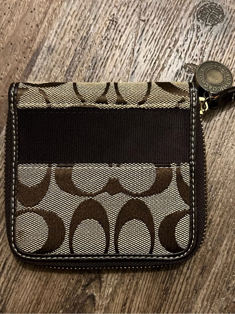 Coach Brown and Cream Signature Canvas Zip Card Pouch